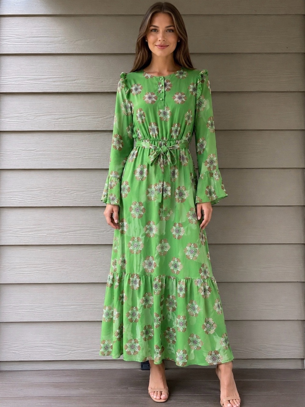 Floral Green Crepe Long-Sleeve Tie-Waist Lined Maxi Dress Size EU42/ US12